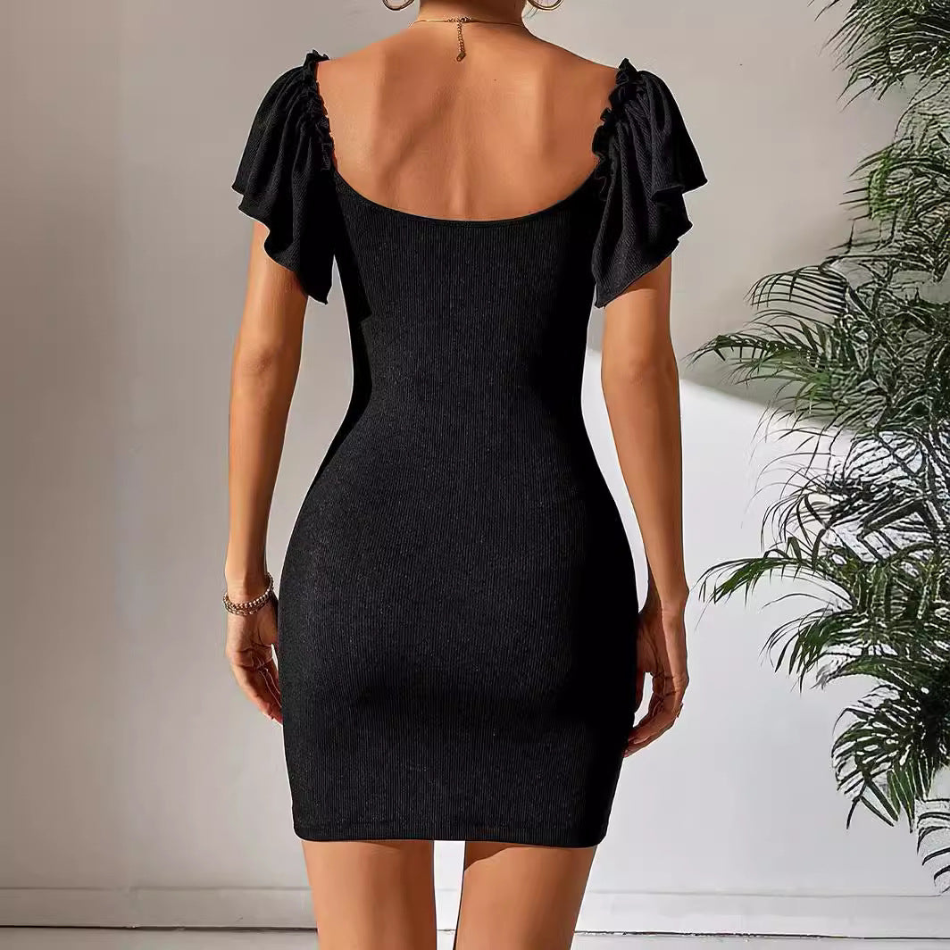 Women's Sexy V Neck Ruffle Sleeve Faux Wrap Ruched Bodycon Mini Party Cocktail Dress - Seldom Seen Styles