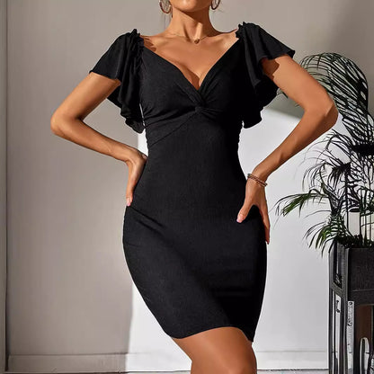 Women's Sexy V Neck Ruffle Sleeve Faux Wrap Ruched Bodycon Mini Party Cocktail Dress - Seldom Seen Styles