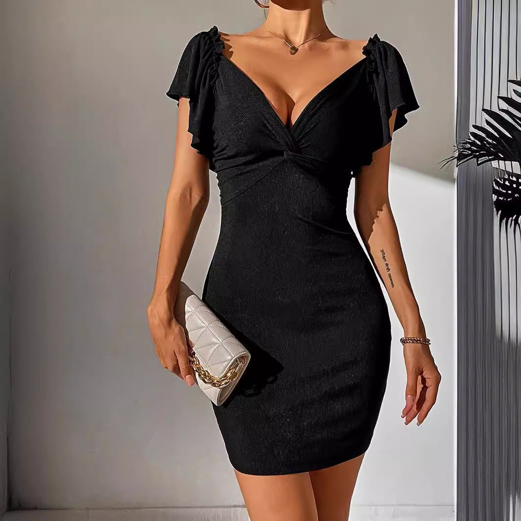 Women's Sexy V Neck Ruffle Sleeve Faux Wrap Ruched Bodycon Mini Party Cocktail Dress - Seldom Seen Styles