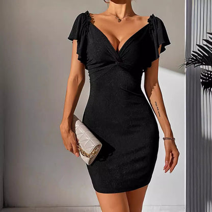 Women's Sexy V Neck Ruffle Sleeve Faux Wrap Ruched Bodycon Mini Party Cocktail Dress - Seldom Seen Styles