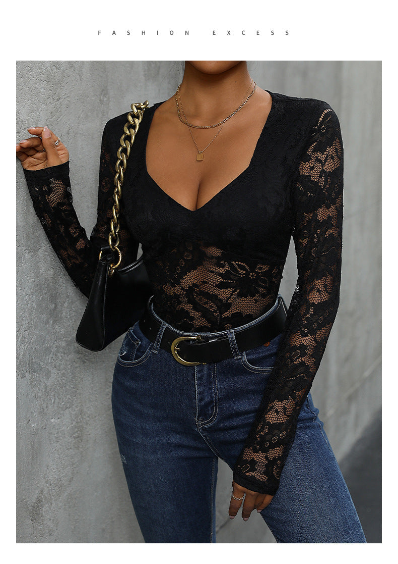 Women's Sheer Floral Lace V Neck Bodysuit Long Sleeve Slim Fit Jumpsuits - Seldom Seen Styles