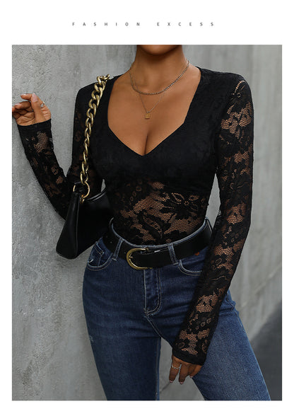 Women's Sheer Floral Lace V Neck Bodysuit Long Sleeve Slim Fit Jumpsuits - Seldom Seen Styles