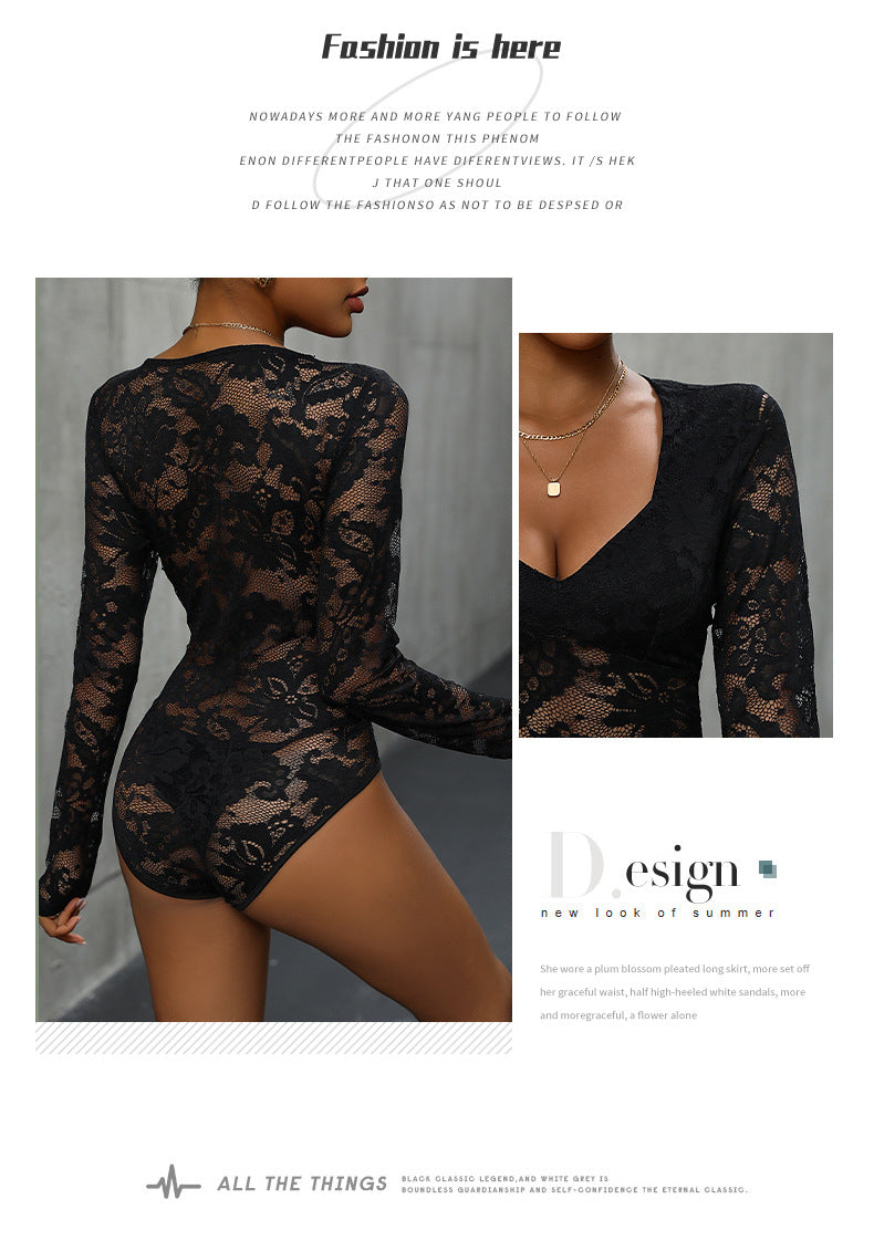 Women's Sheer Floral Lace V Neck Bodysuit Long Sleeve Slim Fit Jumpsuits - Seldom Seen Styles