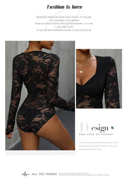Women's Sheer Floral Lace V Neck Bodysuit Long Sleeve Slim Fit Jumpsuits - Seldom Seen Styles