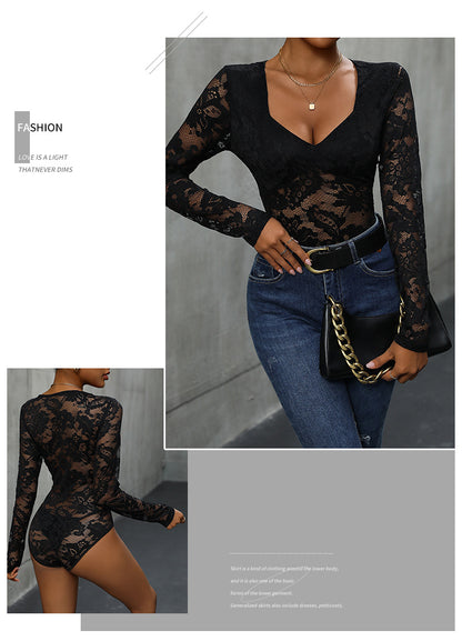 Women's Sheer Floral Lace V Neck Bodysuit Long Sleeve Slim Fit Jumpsuits - Seldom Seen Styles