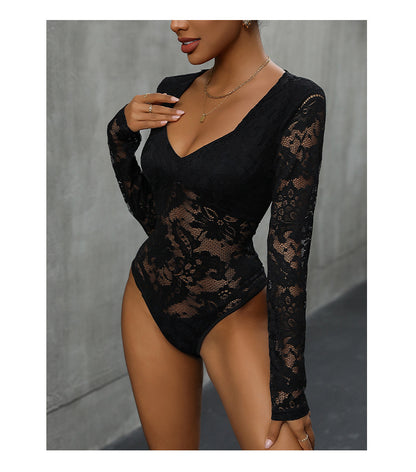 Women's Sheer Floral Lace V Neck Bodysuit Long Sleeve Slim Fit Jumpsuits - Seldom Seen Styles