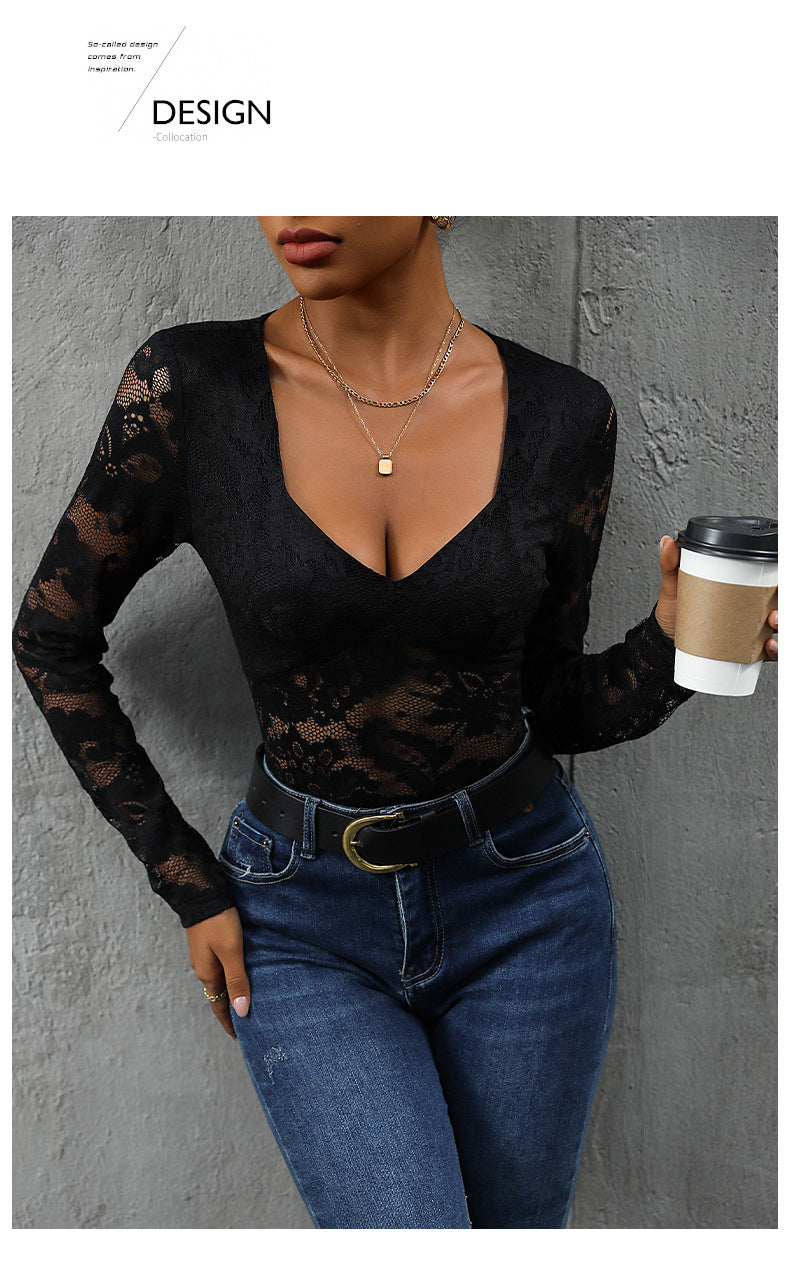 Women's Sheer Floral Lace V Neck Bodysuit Long Sleeve Slim Fit Jumpsuits - Seldom Seen Styles