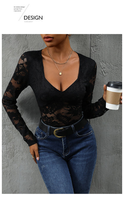 Women's Sheer Floral Lace V Neck Bodysuit Long Sleeve Slim Fit Jumpsuits - Seldom Seen Styles