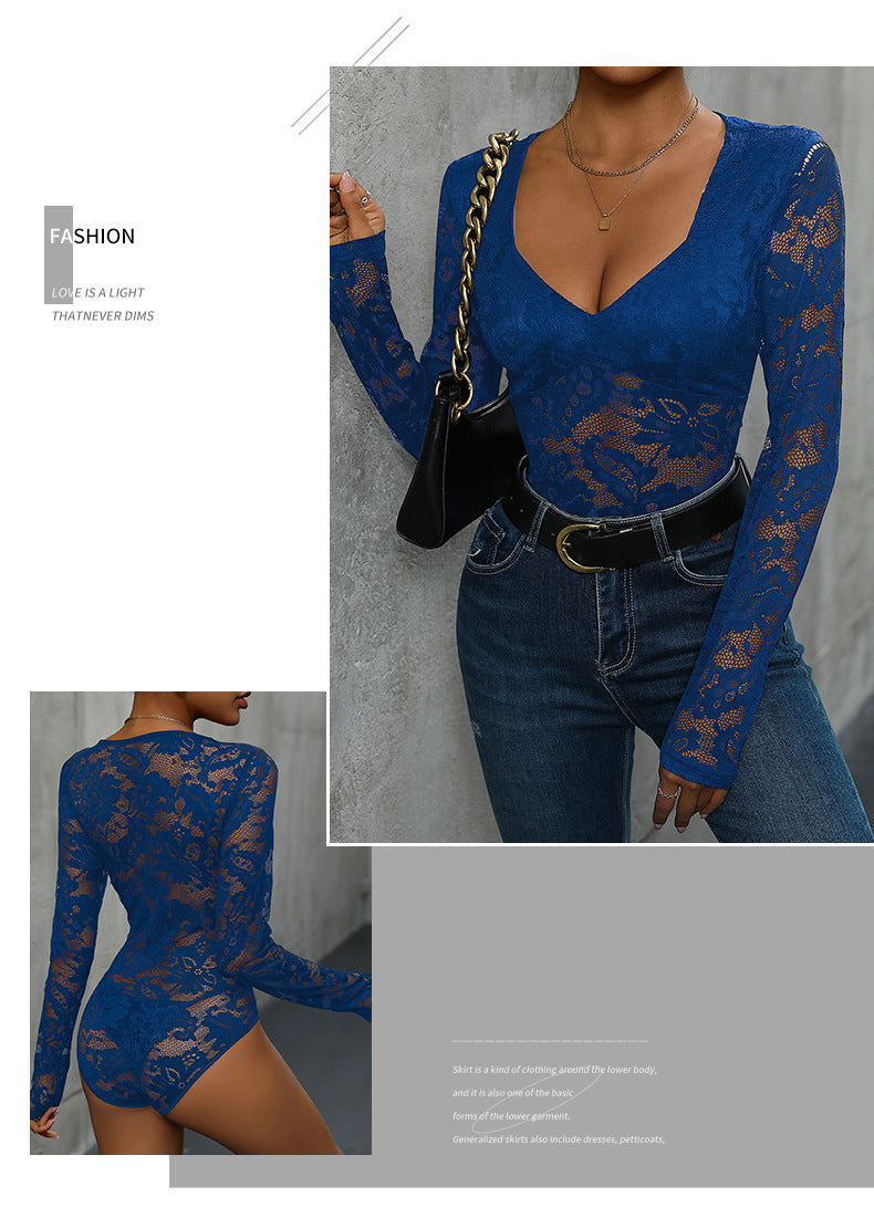 Women's Sheer Floral Lace V Neck Bodysuit Long Sleeve Slim Fit Jumpsuits - Seldom Seen Styles