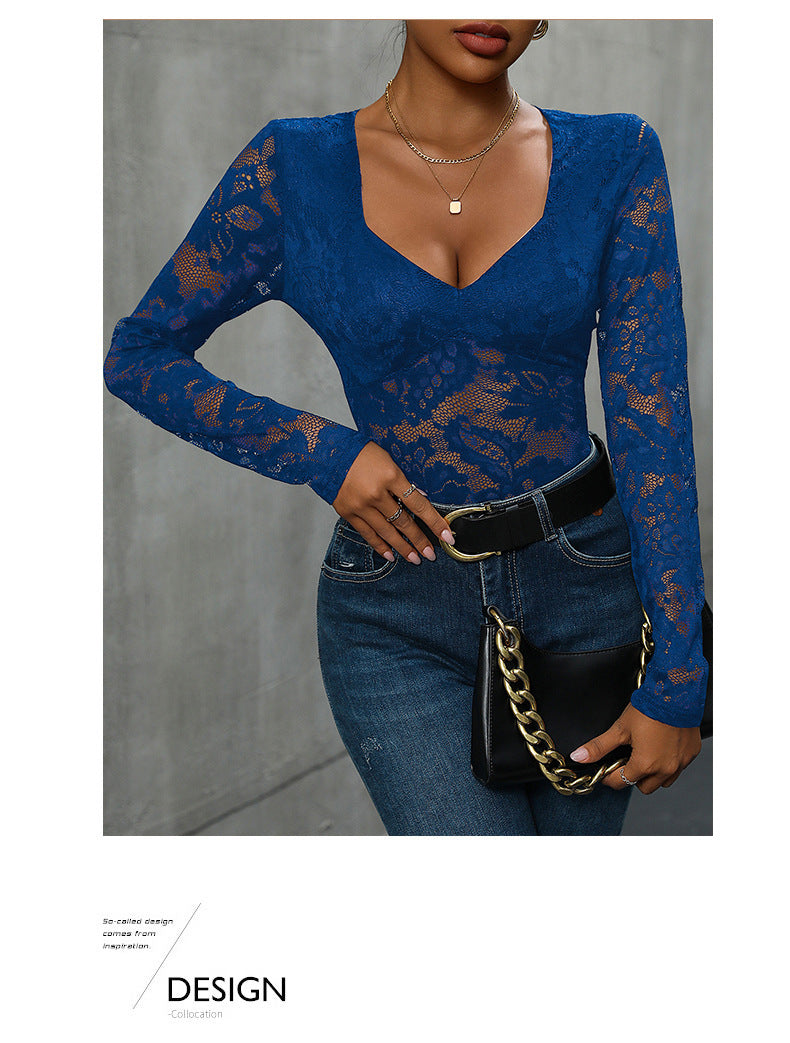 Women's Sheer Floral Lace V Neck Bodysuit Long Sleeve Slim Fit Jumpsuits - Seldom Seen Styles
