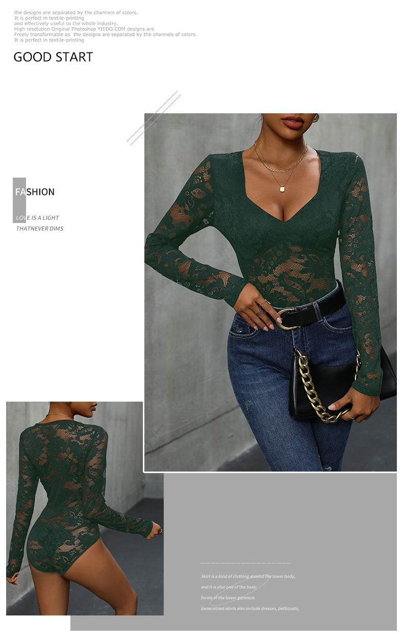 Women's Sheer Floral Lace V Neck Bodysuit Long Sleeve Slim Fit Jumpsuits - Seldom Seen Styles