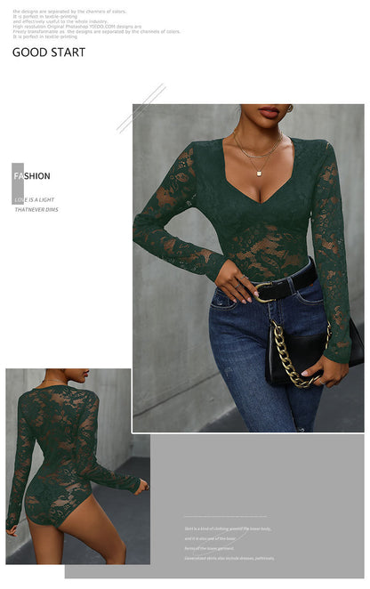 Women's Sheer Floral Lace V Neck Bodysuit Long Sleeve Slim Fit Jumpsuits - Seldom Seen Styles