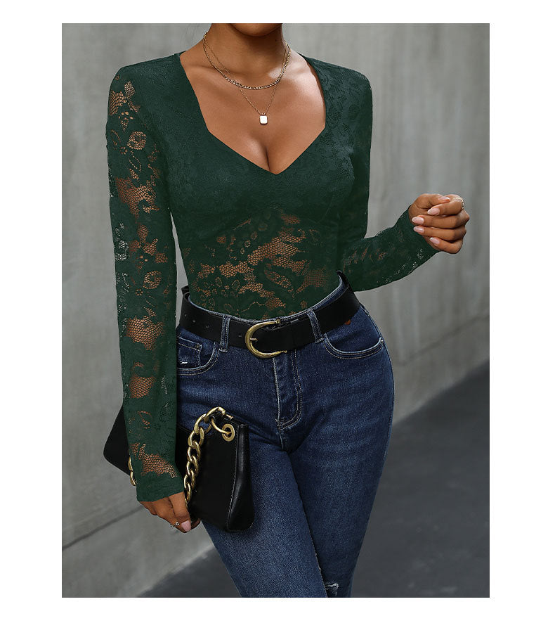 Women's Sheer Floral Lace V Neck Bodysuit Long Sleeve Slim Fit Jumpsuits - Seldom Seen Styles