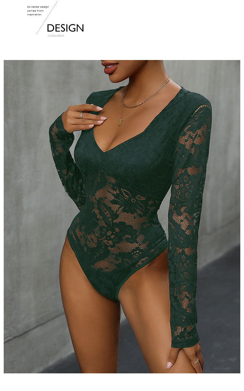 Women's Sheer Floral Lace V Neck Bodysuit Long Sleeve Slim Fit Jumpsuits - Seldom Seen Styles