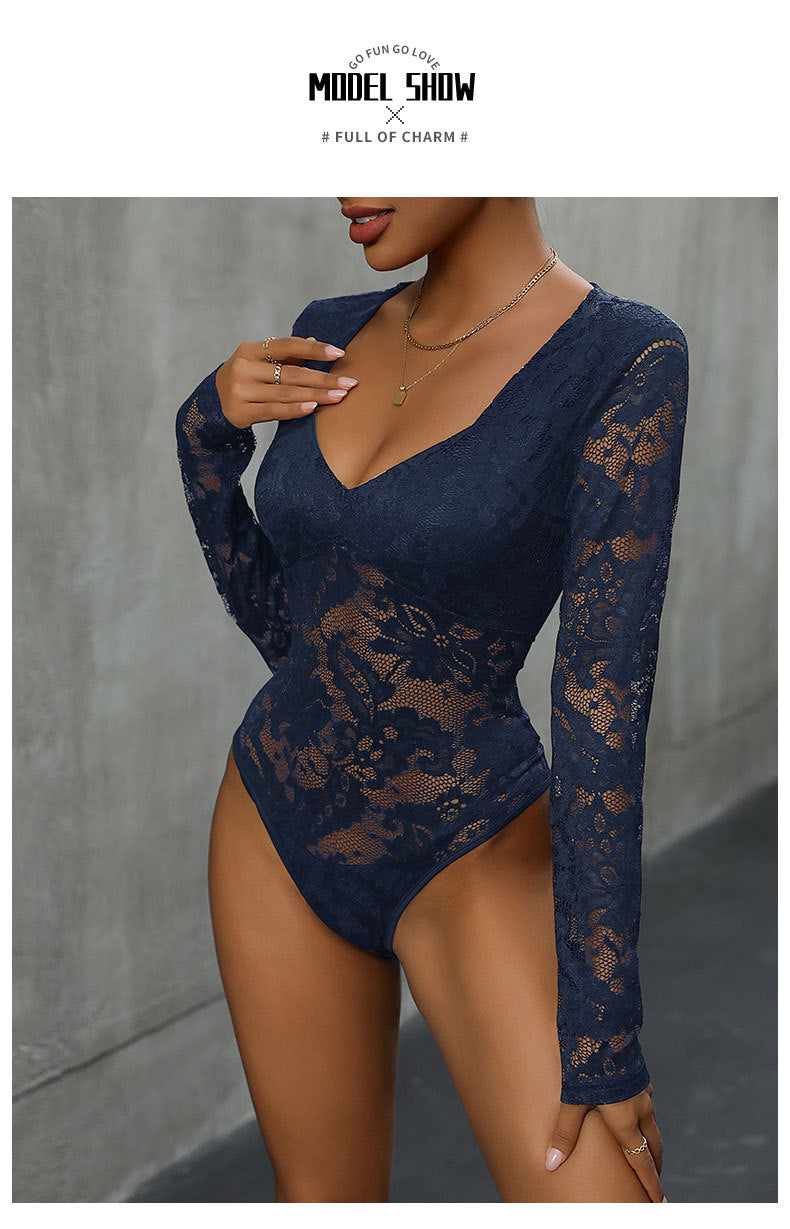 Women's Sheer Floral Lace V Neck Bodysuit Long Sleeve Slim Fit Jumpsuits - Seldom Seen Styles
