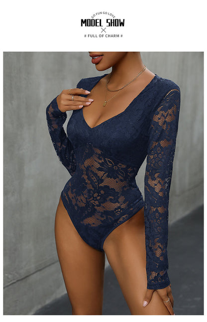 Women's Sheer Floral Lace V Neck Bodysuit Long Sleeve Slim Fit Jumpsuits - Seldom Seen Styles