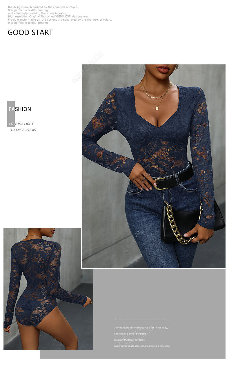 Women's Sheer Floral Lace V Neck Bodysuit Long Sleeve Slim Fit Jumpsuits - Seldom Seen Styles