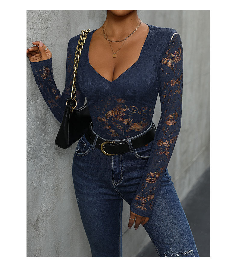 Women's Sheer Floral Lace V Neck Bodysuit Long Sleeve Slim Fit Jumpsuits - Seldom Seen Styles