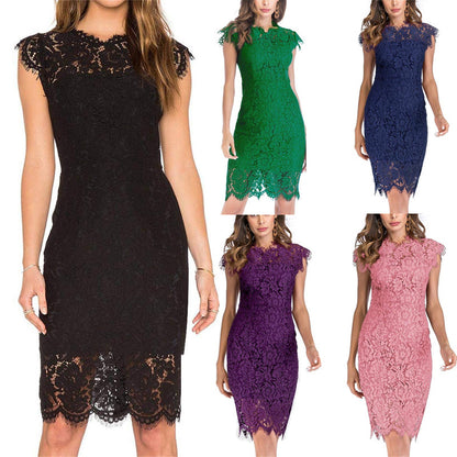 Women's Sleeveless Lace Floral Elegant Cocktail Dress Crew Neck Knee Length for Party - Seldom Seen Styles