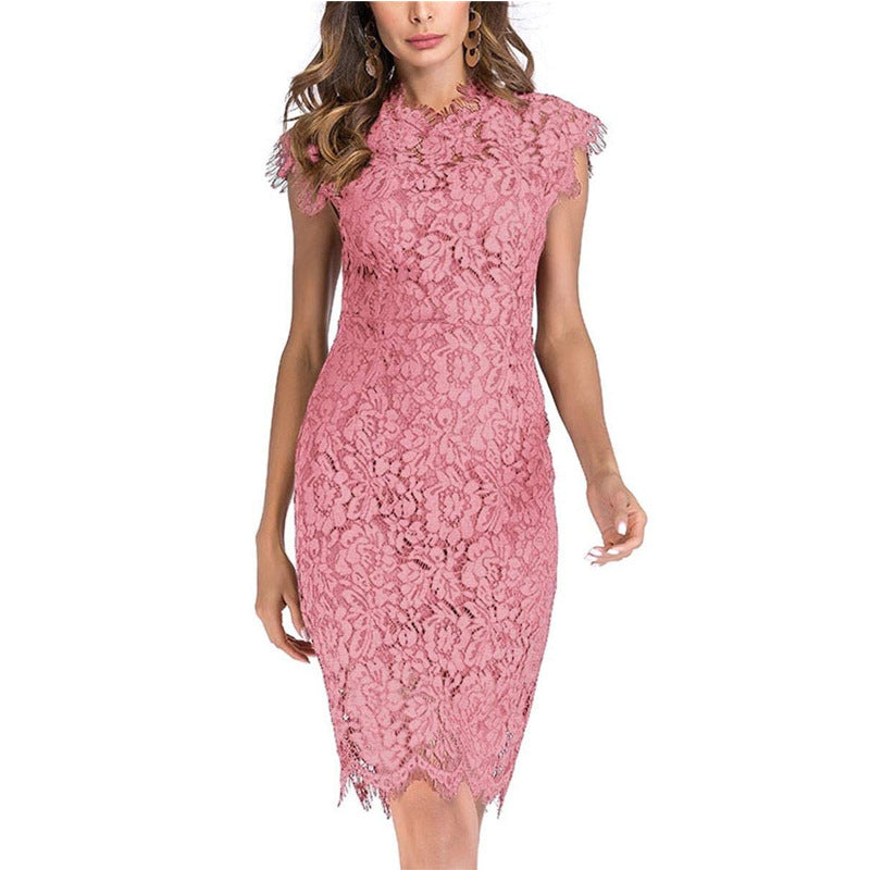 Women's Sleeveless Lace Floral Elegant Cocktail Dress Crew Neck Knee Length for Party - Seldom Seen Styles