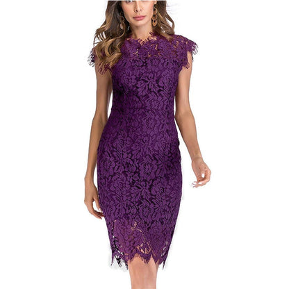 Women's Sleeveless Lace Floral Elegant Cocktail Dress Crew Neck Knee Length for Party - Seldom Seen Styles