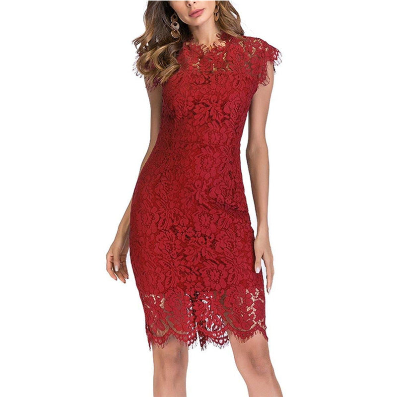 Women's Sleeveless Lace Floral Elegant Cocktail Dress Crew Neck Knee Length for Party - Seldom Seen Styles