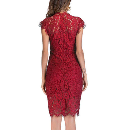 Women's Sleeveless Lace Floral Elegant Cocktail Dress Crew Neck Knee Length for Party - Seldom Seen Styles