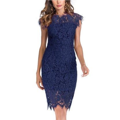 Women's Sleeveless Lace Floral Elegant Cocktail Dress Crew Neck Knee Length for Party - Seldom Seen Styles