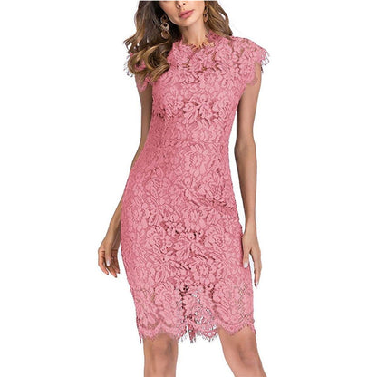Women's Sleeveless Lace Floral Elegant Cocktail Dress Crew Neck Knee Length for Party - Seldom Seen Styles
