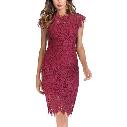 Women's Sleeveless Lace Floral Elegant Cocktail Dress Crew Neck Knee Length for Party - Seldom Seen Styles