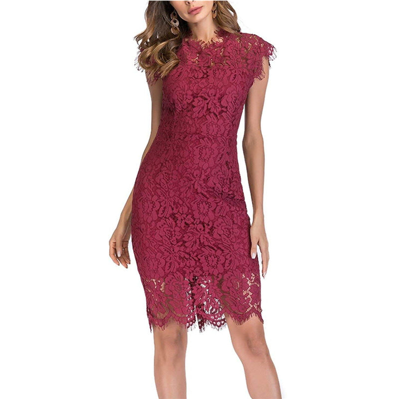 Women's Sleeveless Lace Floral Elegant Cocktail Dress Crew Neck Knee Length for Party - Seldom Seen Styles
