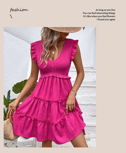 Women's Solid Color Cute Dresses V Neck Casual Dress - Seldom Seen Styles