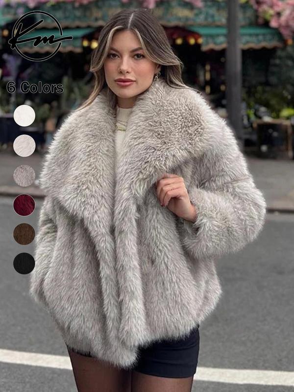 Women's Solid Color Faux Fur Luxury Jacket, Priscilla Fur Coat, Casual Warmth Long Sleeve Collared Fuzzy Coat for Fall &amp; Winter, Jackets for Women, Women's Clothing for Daily Wear Outerwear, Coats for Women - Seldom Seen Styles