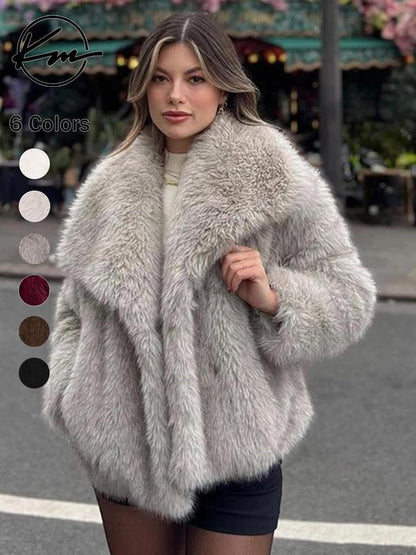 Women's Solid Color Faux Fur Luxury Jacket, Priscilla Fur Coat, Casual Warmth Long Sleeve Collared Fuzzy Coat for Fall &amp; Winter, Jackets for Women, Women's Clothing for Daily Wear Outerwear, Coats for Women