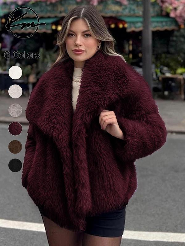 Women's Solid Color Faux Fur Luxury Jacket, Priscilla Fur Coat, Casual Warmth Long Sleeve Collared Fuzzy Coat for Fall &amp; Winter, Jackets for Women, Women's Clothing for Daily Wear Outerwear, Coats for Women - Seldom Seen Styles