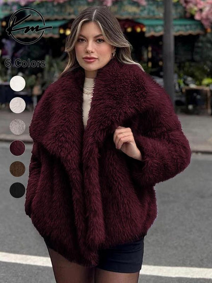Women's Solid Color Faux Fur Luxury Jacket, Priscilla Fur Coat, Casual Warmth Long Sleeve Collared Fuzzy Coat for Fall &amp; Winter, Jackets for Women, Women's Clothing for Daily Wear Outerwear, Coats for Women
