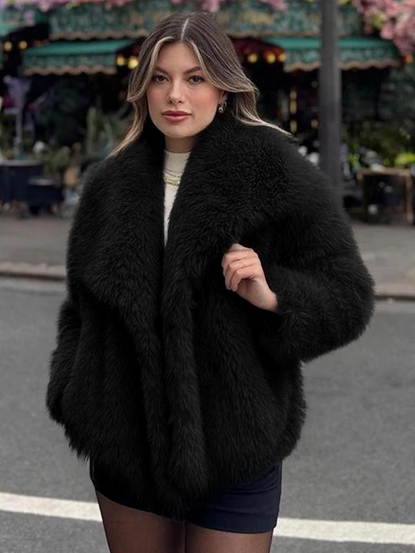Women's Solid Color Faux Fur Luxury Jacket, Priscilla Fur Coat, Casual Warmth Long Sleeve Collared Fuzzy Coat for Fall &amp; Winter, Jackets for Women, Women's Clothing for Daily Wear Outerwear, Coats for Women - Seldom Seen Styles