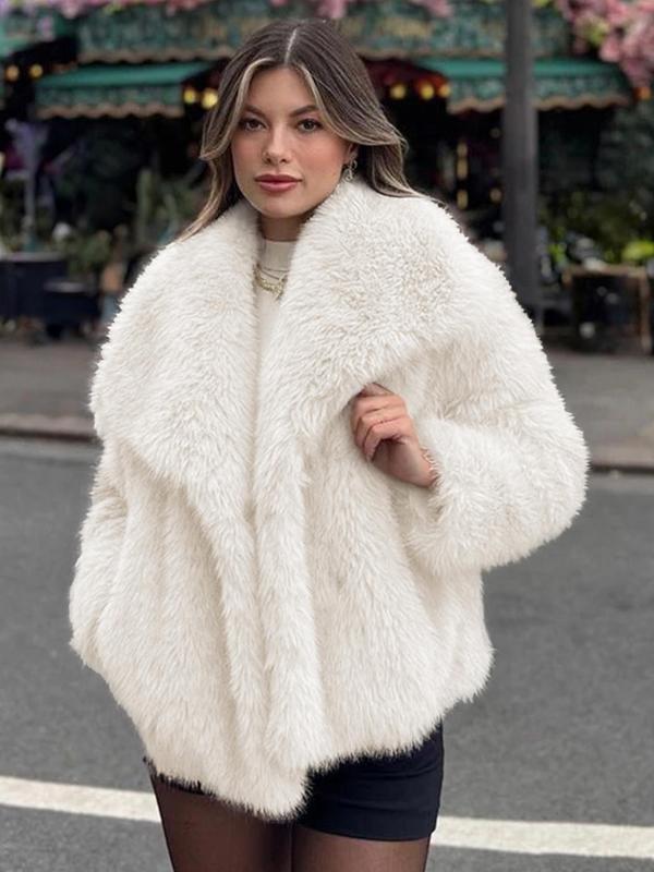 Women's Solid Color Faux Fur Luxury Jacket, Priscilla Fur Coat, Casual Warmth Long Sleeve Collared Fuzzy Coat for Fall &amp; Winter, Jackets for Women, Women's Clothing for Daily Wear Outerwear, Coats for Women - Seldom Seen Styles