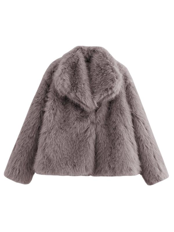Women's Solid Color Faux Fur Luxury Jacket, Priscilla Fur Coat, Casual Warmth Long Sleeve Collared Fuzzy Coat for Fall &amp; Winter, Jackets for Women, Women's Clothing for Daily Wear Outerwear, Coats for Women - Seldom Seen Styles