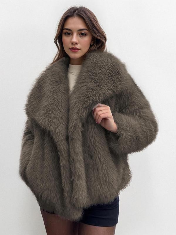 Women's Solid Color Faux Fur Luxury Jacket, Priscilla Fur Coat, Casual Warmth Long Sleeve Collared Fuzzy Coat for Fall &amp; Winter, Jackets for Women, Women's Clothing for Daily Wear Outerwear, Coats for Women - Seldom Seen Styles