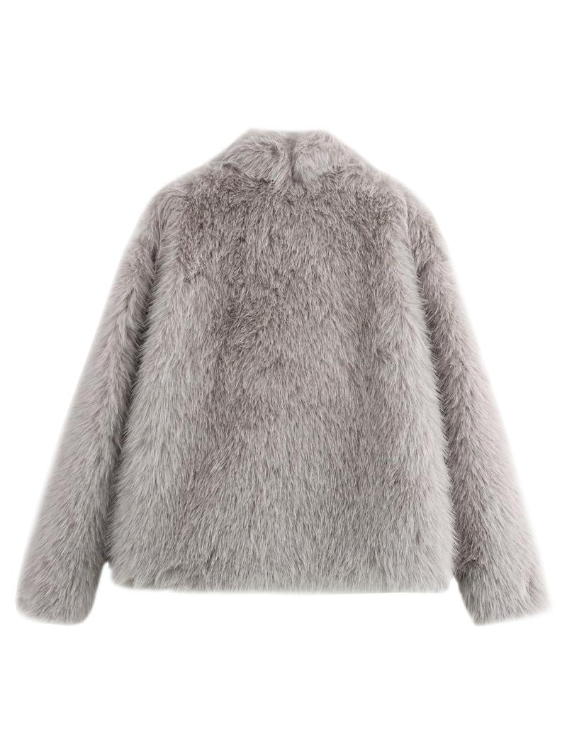 Women's Solid Color Faux Fur Luxury Jacket, Priscilla Fur Coat, Casual Warmth Long Sleeve Collared Fuzzy Coat for Fall &amp; Winter, Jackets for Women, Women's Clothing for Daily Wear Outerwear, Coats for Women - Seldom Seen Styles