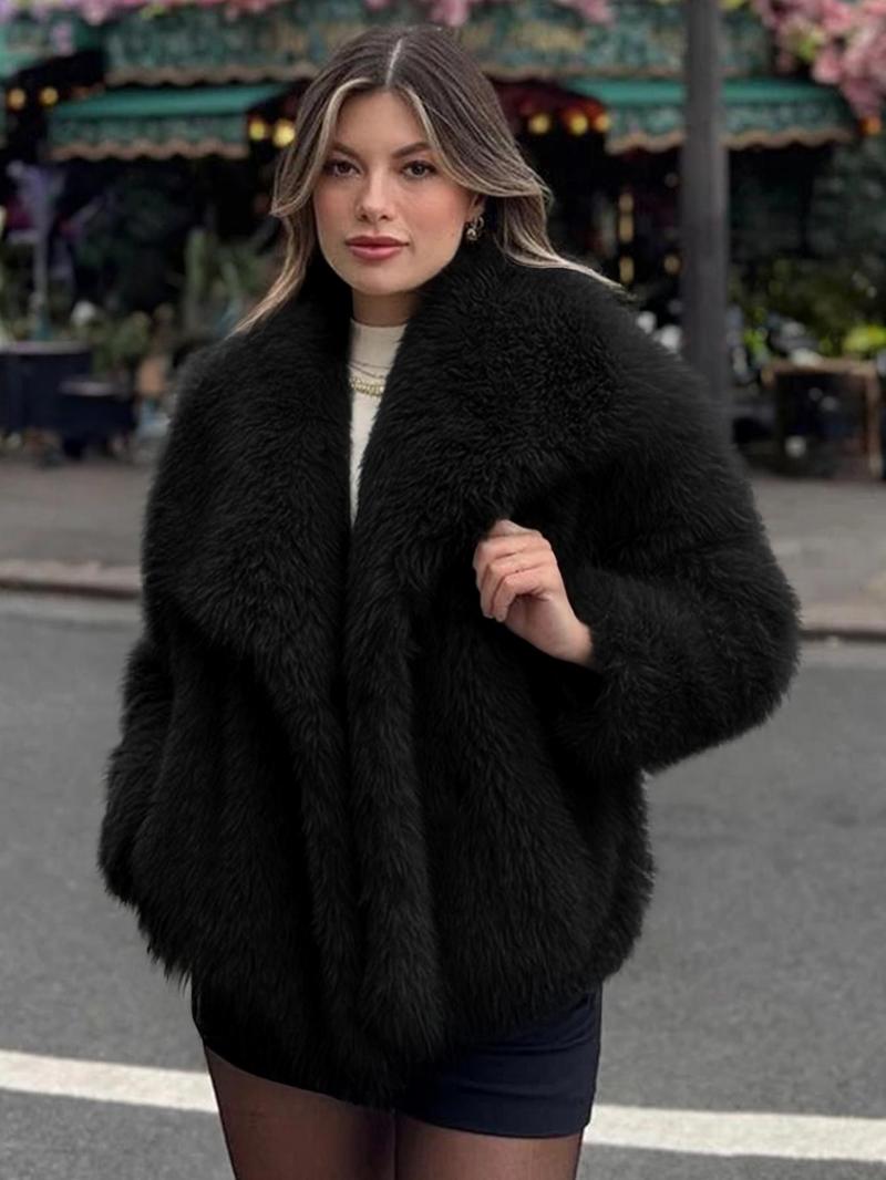 Women's Solid Color Faux Fur Luxury Jacket, Priscilla Fur Coat, Casual Warmth Long Sleeve Collared Fuzzy Coat for Fall &amp; Winter, Jackets for Women, Women's Clothing for Daily Wear Outerwear, Coats for Women - Seldom Seen Styles