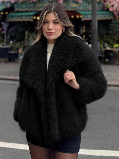 Women's Solid Color Faux Fur Luxury Jacket, Priscilla Fur Coat, Casual Warmth Long Sleeve Collared Fuzzy Coat for Fall &amp; Winter, Jackets for Women, Women's Clothing for Daily Wear Outerwear, Coats for Women
