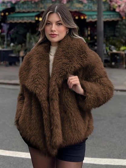 Women's Solid Color Faux Fur Luxury Jacket, Priscilla Fur Coat, Casual Warmth Long Sleeve Collared Fuzzy Coat for Fall &amp; Winter, Jackets for Women, Women's Clothing for Daily Wear Outerwear, Coats for Women