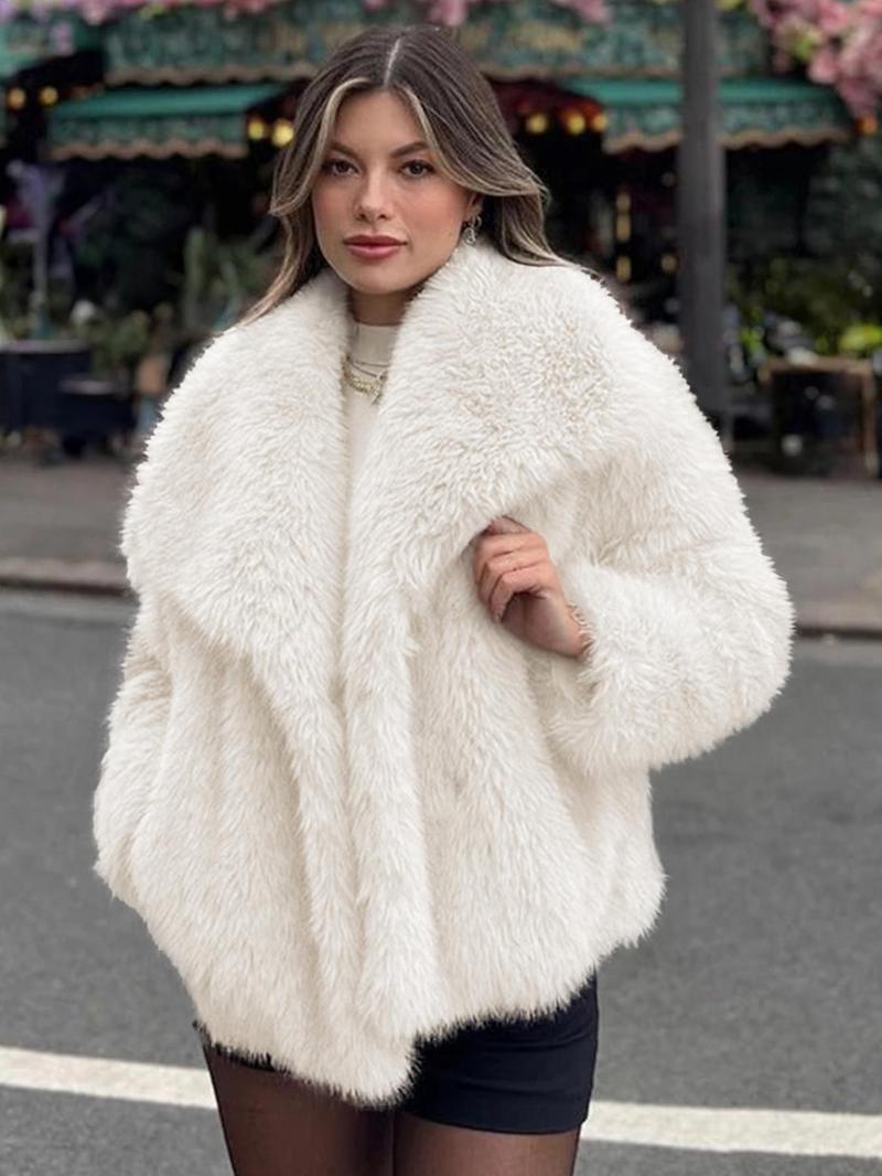 Women's Solid Color Faux Fur Luxury Jacket, Priscilla Fur Coat, Casual Warmth Long Sleeve Collared Fuzzy Coat for Fall &amp; Winter, Jackets for Women, Women's Clothing for Daily Wear Outerwear, Coats for Women - Seldom Seen Styles