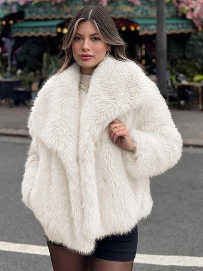 Women's Solid Color Faux Fur Luxury Jacket, Priscilla Fur Coat, Casual Warmth Long Sleeve Collared Fuzzy Coat for Fall &amp; Winter, Jackets for Women, Women's Clothing for Daily Wear Outerwear, Coats for Women