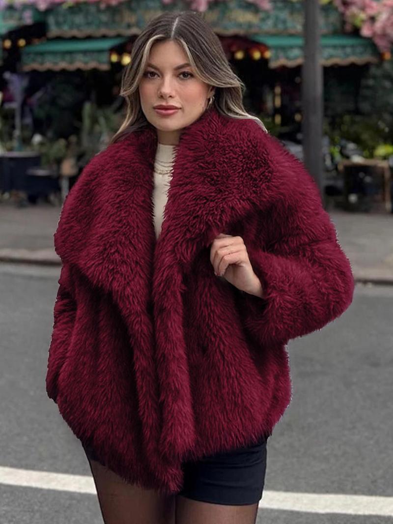 Women's Solid Color Faux Fur Luxury Jacket, Priscilla Fur Coat, Casual Warmth Long Sleeve Collared Fuzzy Coat for Fall &amp; Winter, Jackets for Women, Women's Clothing for Daily Wear Outerwear, Coats for Women - Seldom Seen Styles