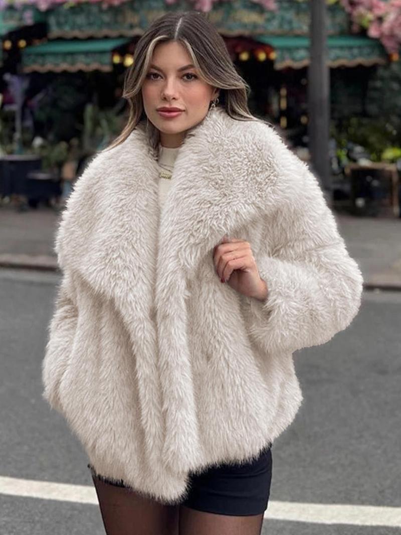 Women's Solid Color Faux Fur Luxury Jacket, Priscilla Fur Coat, Casual Warmth Long Sleeve Collared Fuzzy Coat for Fall &amp; Winter, Jackets for Women, Women's Clothing for Daily Wear Outerwear, Coats for Women - Seldom Seen Styles