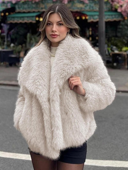 Women's Solid Color Faux Fur Luxury Jacket, Priscilla Fur Coat, Casual Warmth Long Sleeve Collared Fuzzy Coat for Fall &amp; Winter, Jackets for Women, Women's Clothing for Daily Wear Outerwear, Coats for Women
