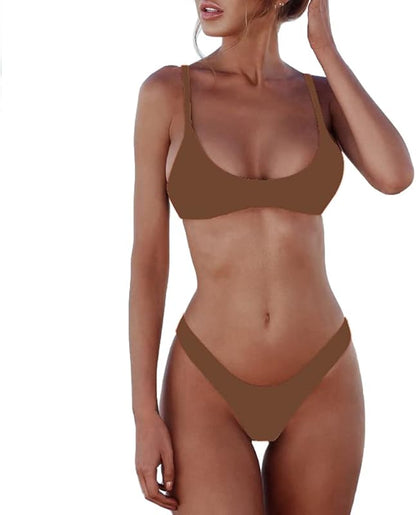 Women's Solid Scoop Neck Push Up Padded Brazilian Thong Bikini Swimsuit Bathing Suit - Seldom Seen Styles